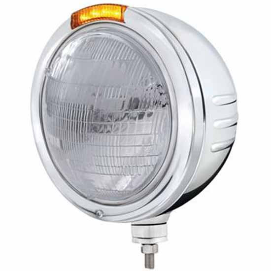 Stainless Steel Classic Embossed Stripe Headlight with H6014 Sealed Beam Bulb, 4 Diode Top Dual Function Signal Light – part number PPR_204679