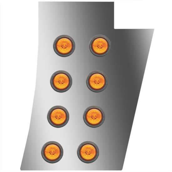 3 in. Stainless Steel Notched Cowl Panels with 8 – 2 in. Amber/Amber LEDs for Peterbilt 388, 389 & Glider, 123 in. BBC – part number 01-091200743