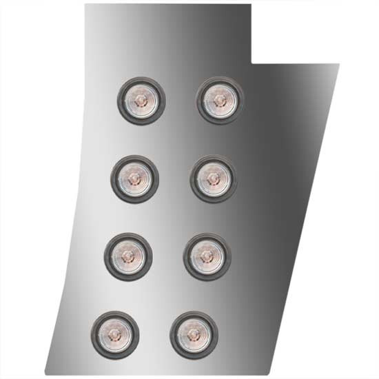 3 in. Stainless Steel Notched Cowl Panels with 8 – 2 in. Amber/Clear LEDs for Peterbilt 388, 389 & Glider, 123 in. BBC – part number 01-091200744