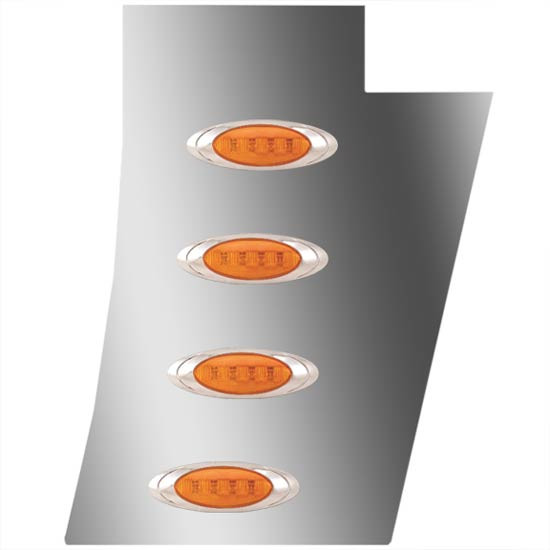 4 in. Stainless Steel Notched Cowl Panels with 8 P1 Amber/Amber LEDs for Peterbilt 388, 389 Glider With, 123 in. BBC – part number 01-091200810